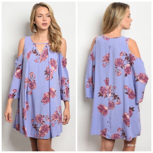 🥰LAST 1! Lavender Floral Cold Shoulder Dress! - Picture 5 of 6